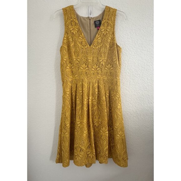 Vince Camuto Lace Fit & Flare Mini Dress Womens‎ Size 8 Mustard Yellow Party Fun - Picture 1 of 13